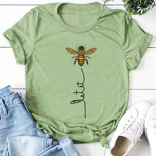 Bee And Letter Print Pattern Women's Loose T-shirt