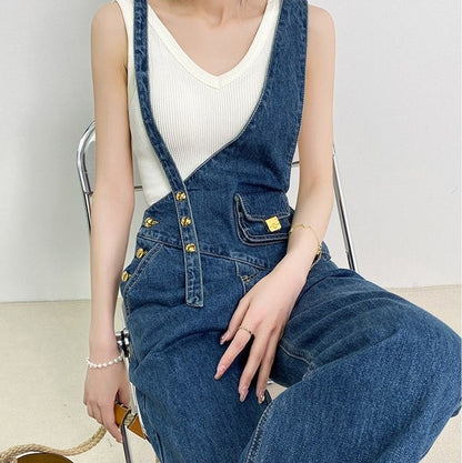 Women's Metal Buckle Versatile Asymmetric Small Waist Bag Denim Suspender Pants