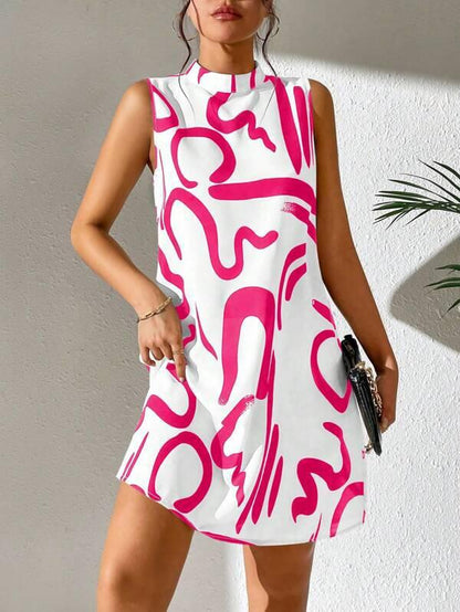 European And American Printed Stand Collar Dress