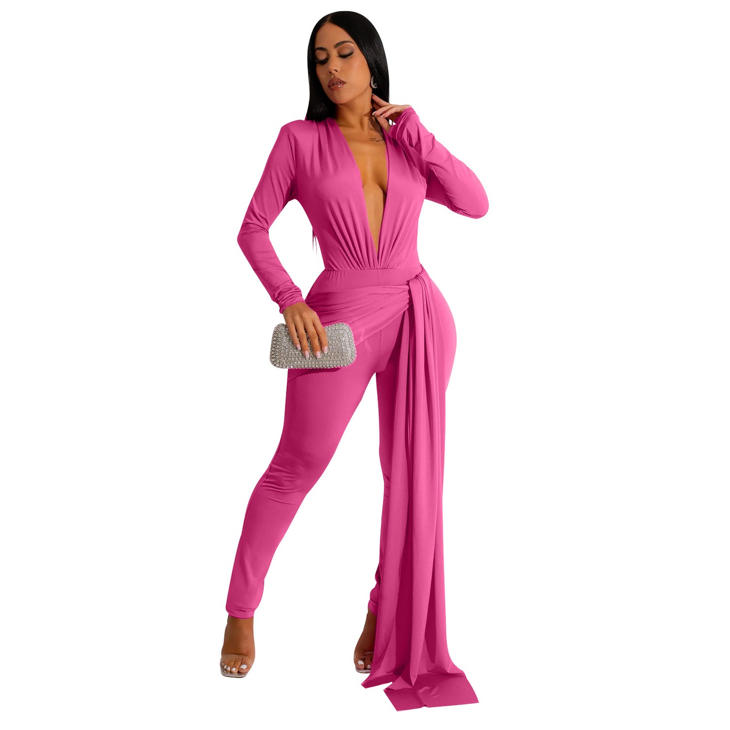 Women's Fashion Skinny V-neck Long Sleeve Jumpsuit