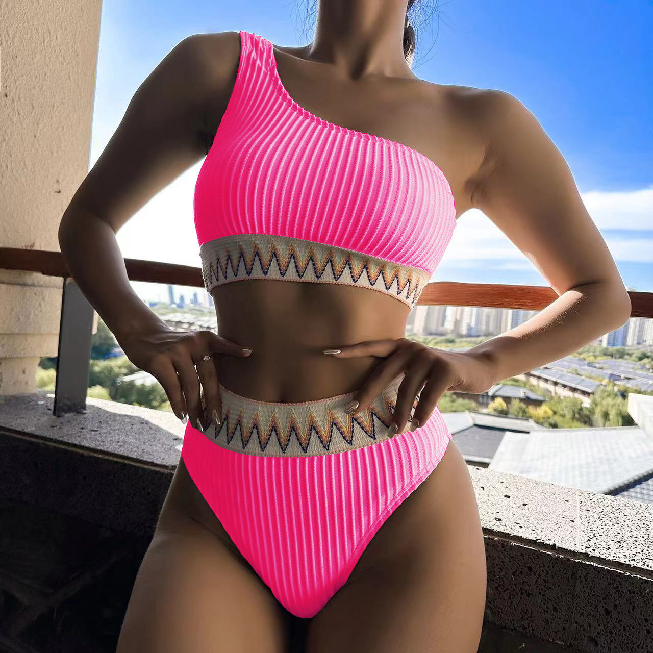 Sexy One-shoulder Bikini With Striped Pleated And Ripple Print Design Solid Color Summer Beach Swimsuit Womens Clothing