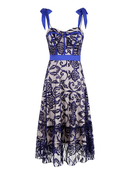 Blue Embroidered Printed Sling Backless Long Women's Dress