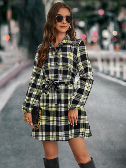 Women's Lantern Sleeve Plaid Shirt Dress