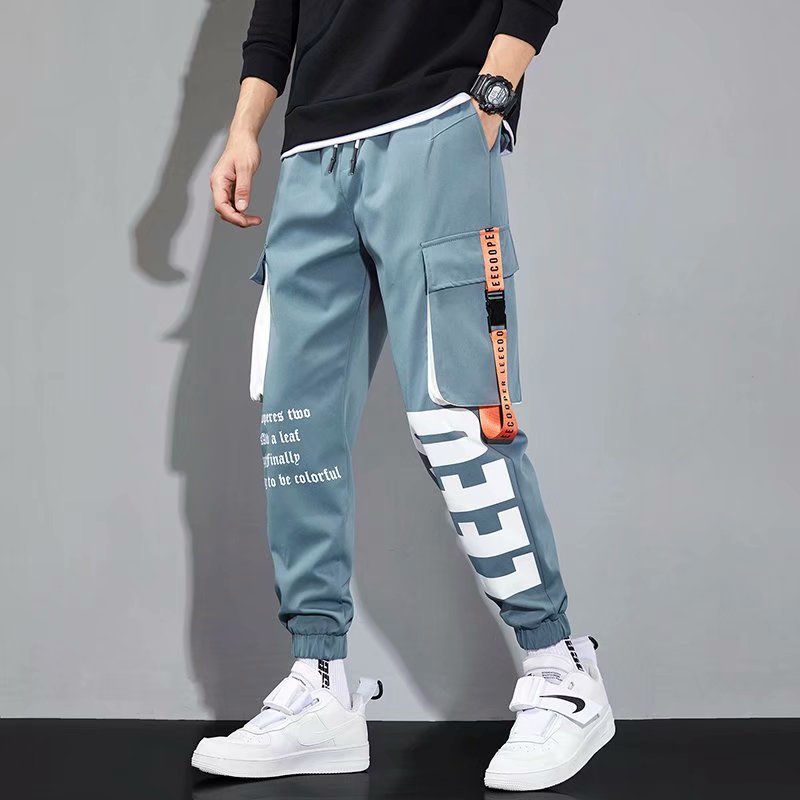 Functional Men's Summer Thin Trendy Letter Printing Multi-pocket Ankle Banded Pants