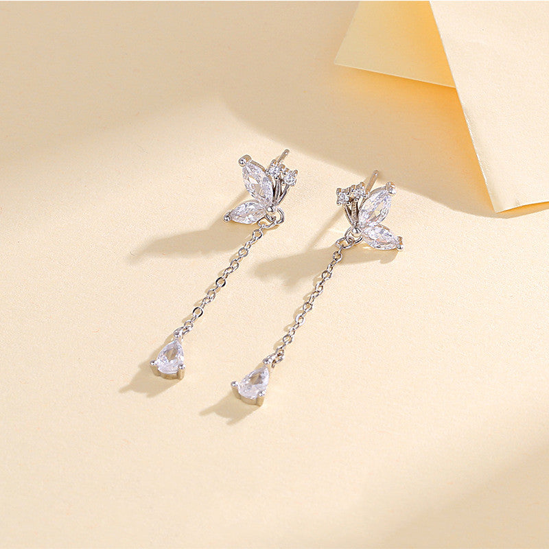 S925 Butterfly Zircon Tassel Earrings Women's Niche Exquisite Long Earrings Jewelry