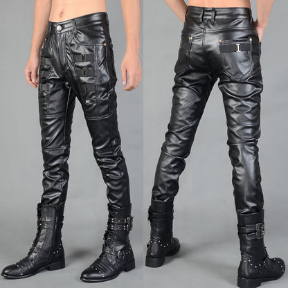 Men's Casual Autumn And Winter Men's Tight-fitting Zipper Stitching Leather Pants