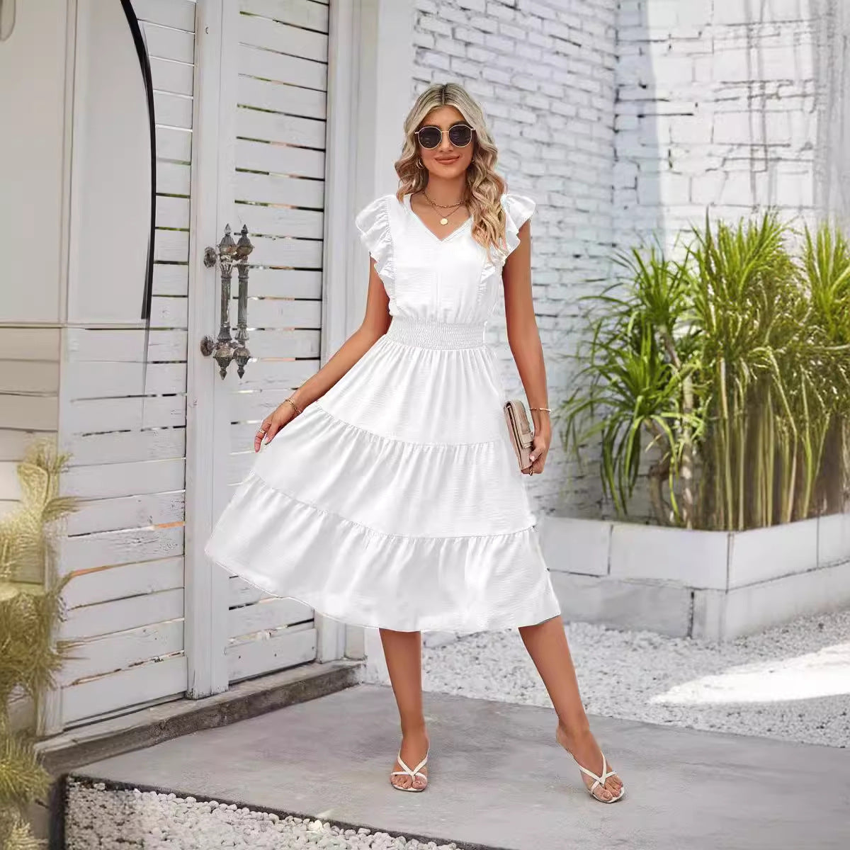 New Ruffled Sleeveless V-Neck Dress Summer Fashion Elastic Waist A-Line Dresses For Womens Clothing