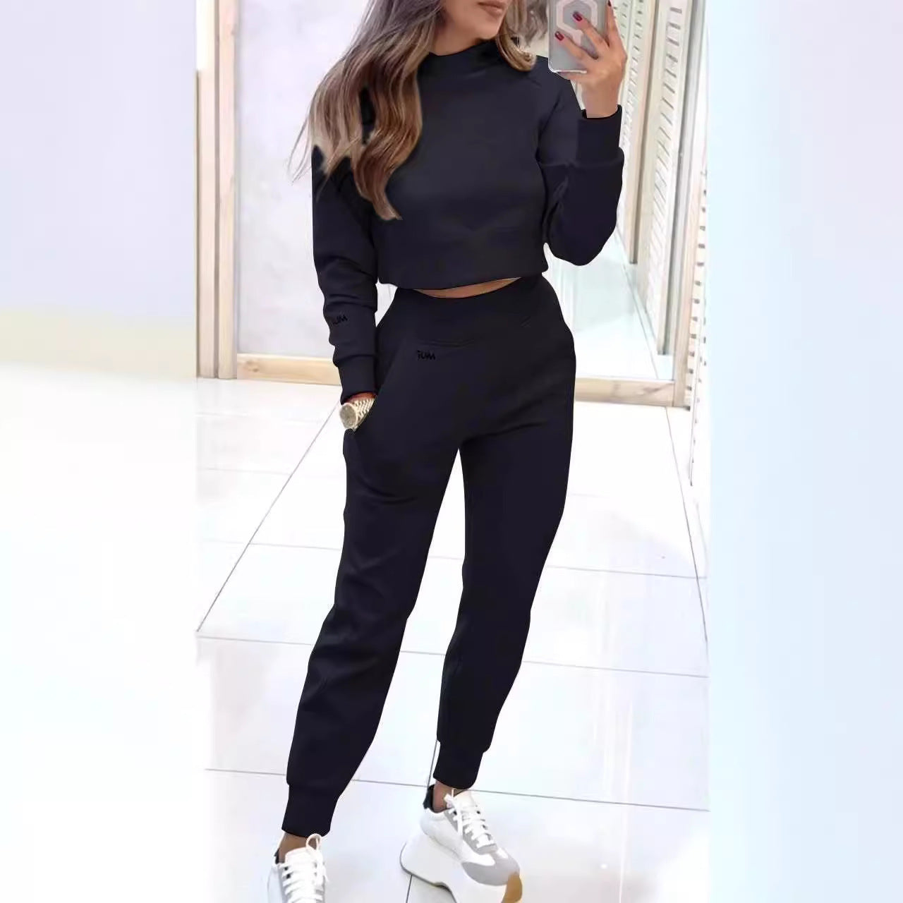 Stand Collar Sports Suit Fashion Pullover Long-sleeves Short Top And Slim Trousers With Pockets Solid Outfits Women's Clothing - Glamour Gale sports suit