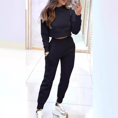 Stand Collar Sports Suit Fashion Pullover Long-sleeves Short Top And Slim Trousers With Pockets Solid Outfits Women's Clothing - Glamour Gale sports suit