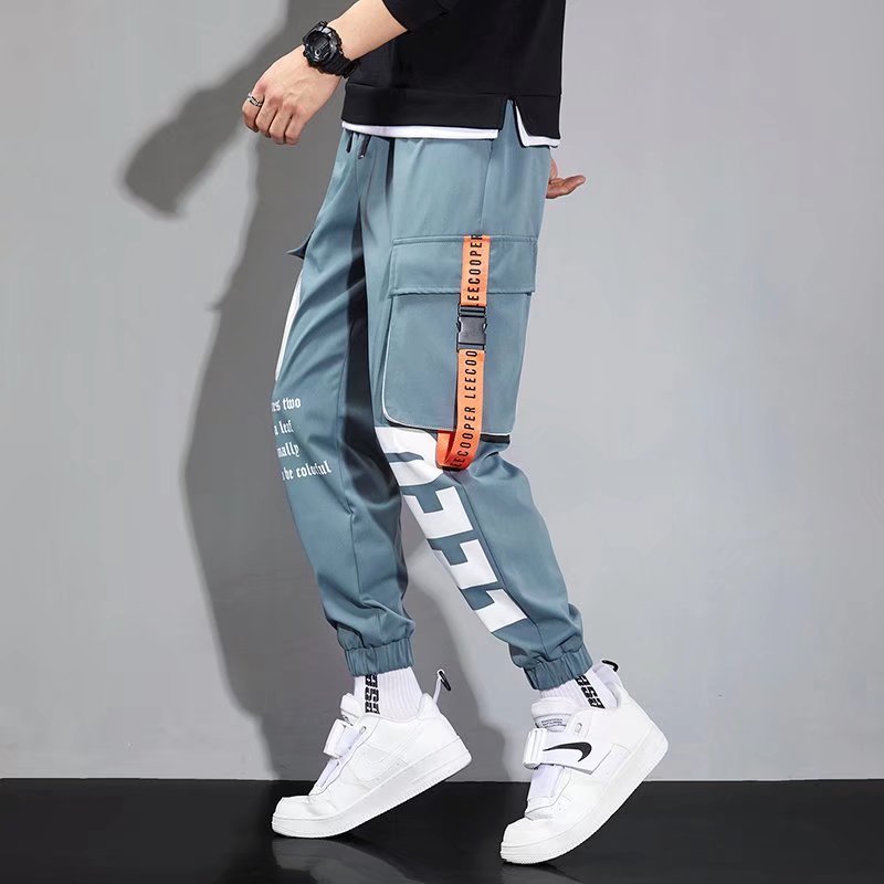 Functional Men's Summer Thin Trendy Letter Printing Multi-pocket Ankle Banded Pants