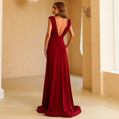 Red Deep V-neck Temperament Long Section Thin Back Toasting Service Banquet Evening Dress Women - Glamour Gale