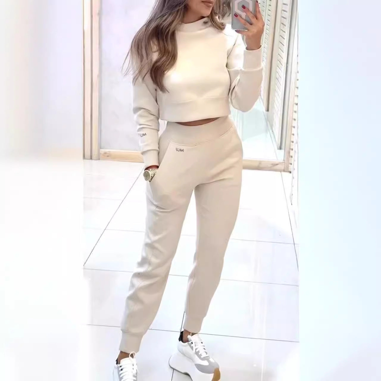 Stand Collar Sports Suit Fashion Pullover Long-sleeves Short Top And Slim Trousers With Pockets Solid Outfits Women's Clothing - Glamour Gale sports suit