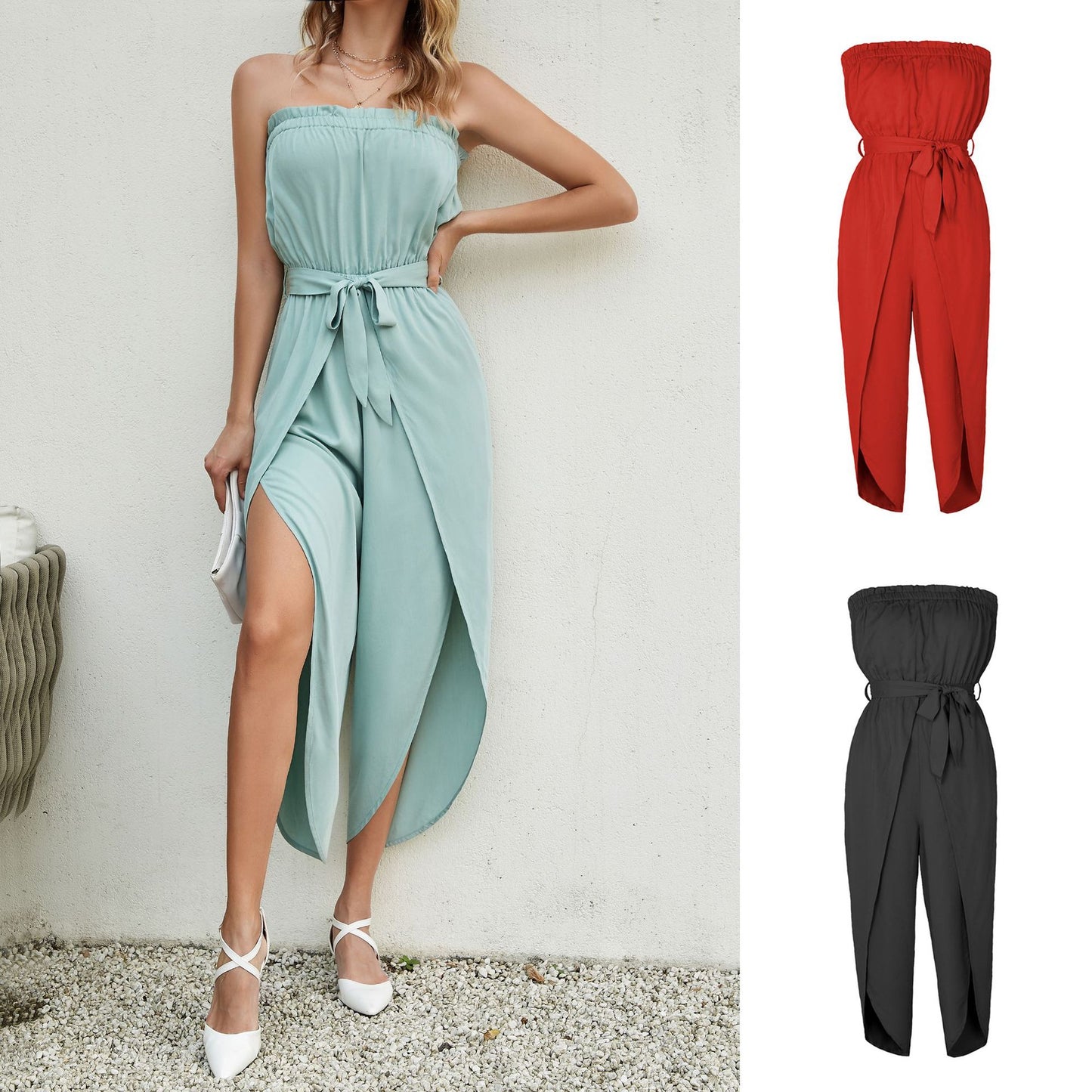 Jumpsuit Off-neck Elastic Waistband Lace-up Women's Clothing