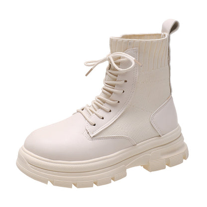 British Style Round Head Lace-up Knitted Mouth Casual Martin Boots Women