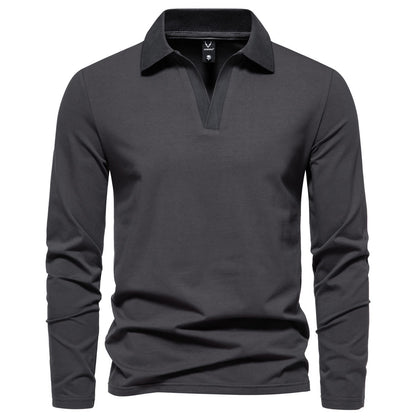 Retro Lapels Solid Color T-shirt Men's Fashion Long Sleeve Polo Shirt Bottoming Casual Top