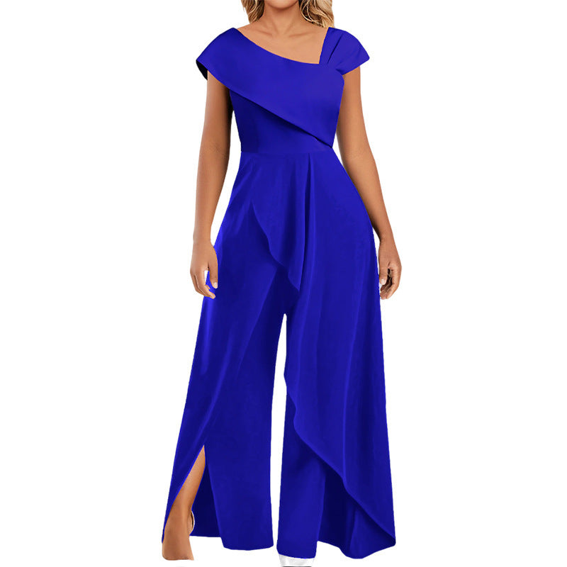 Women's Fashion Temperament Diagonal Collar Solid Color Jumpsuit