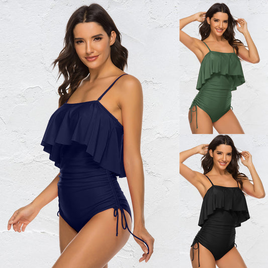 Solid Color Girl Sexy Shoulder Strap Big Ruffled One-piece Type Triangle Swimsuit