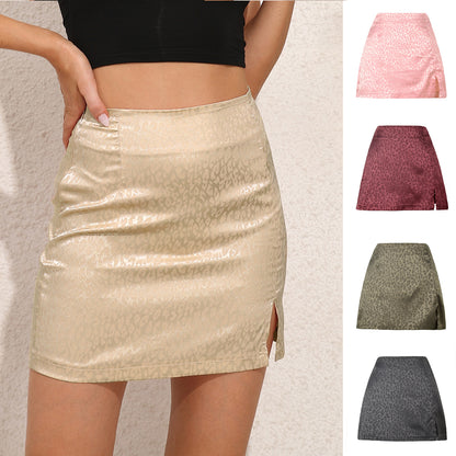 Women's Leopard Print High Waist Slit Short Skirt Jacquard