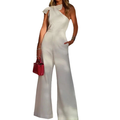 Slant Shoulder Collar Waist Solid Color Wide Leg Jumpsuit Women