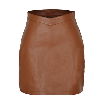 Women's PU Leather Skirt Fashion V Waist Exposed Navel