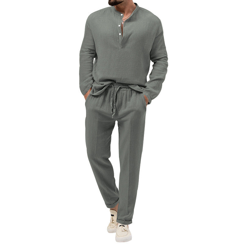 Men's Solid Color Casual Long Sleeve Shirt And Trousers Suit