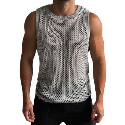 Solid Color Round Neck Sleeveless Hollow Knitted Vest