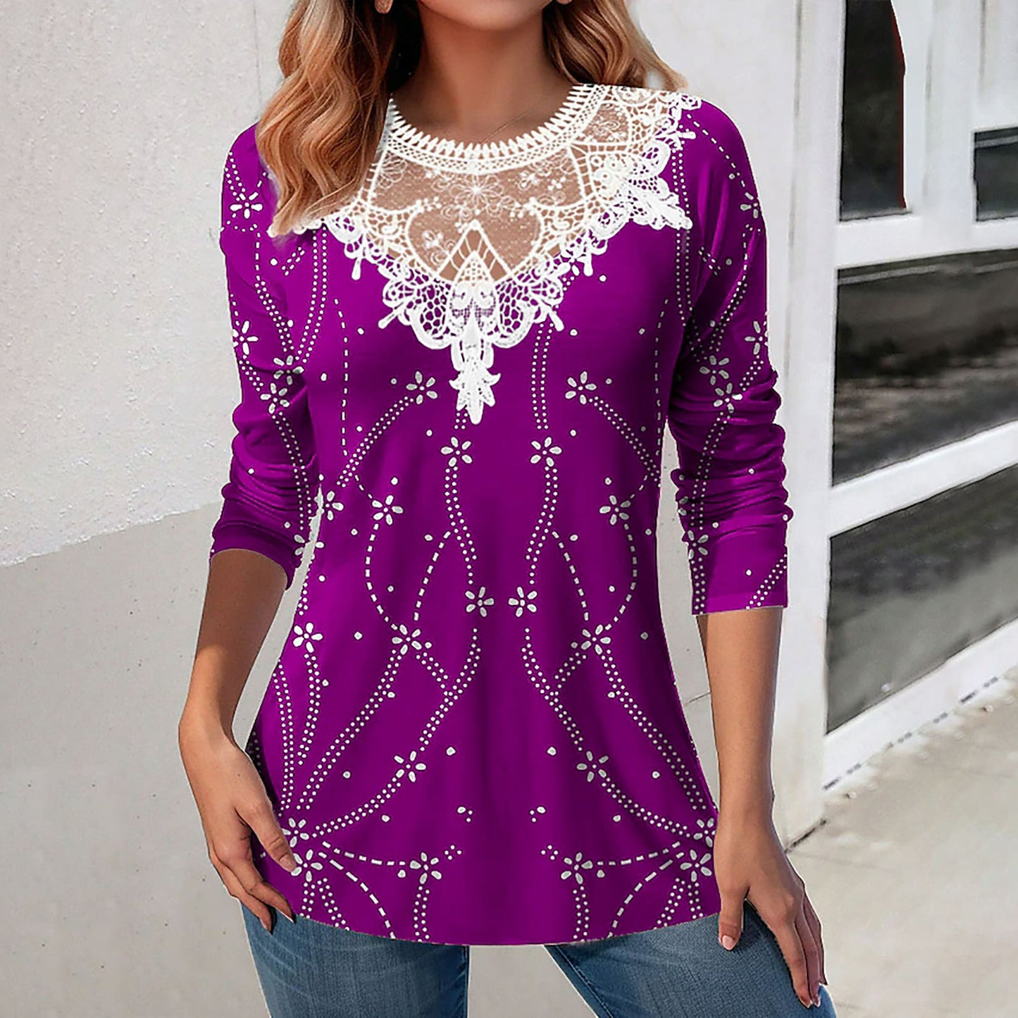 Lace Patchwork Round Neck Top Fashion Casual Printing Loose Long Sleeve Top Women