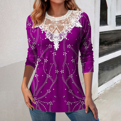 Lace Patchwork Round Neck Top Fashion Casual Printing Loose Long Sleeve Top Women