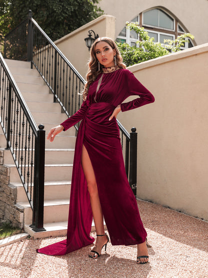 Women's Korean Velvet High Neck Sexy Evening Dress