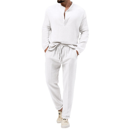 Men's Solid Color Casual Long Sleeve Shirt And Trousers Suit