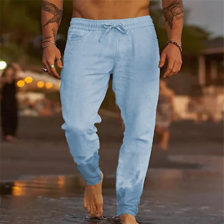 Men's Solid Color Drawstring Cotton Linen Loose Casual Beach Pants - Glamour Gale