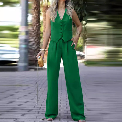 V-neck Sleeveless Waistcoat Vest Drooping Wide-leg Pants Suit