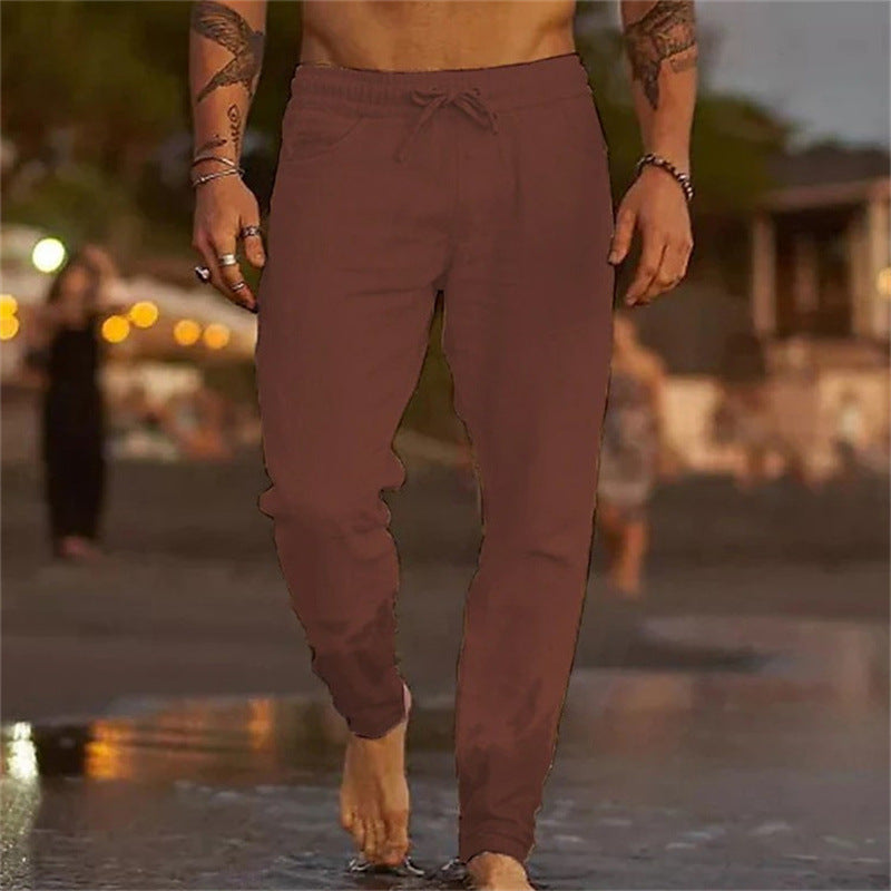 Men's Solid Color Drawstring Cotton Linen Loose Casual Beach Pants - Glamour Gale