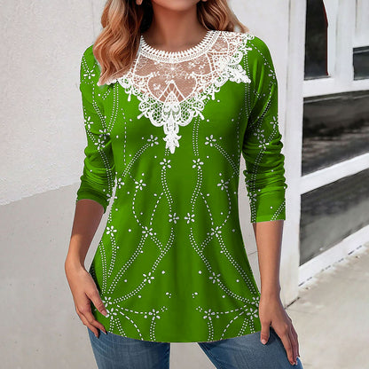 Lace Patchwork Round Neck Top Fashion Casual Printing Loose Long Sleeve Top Women