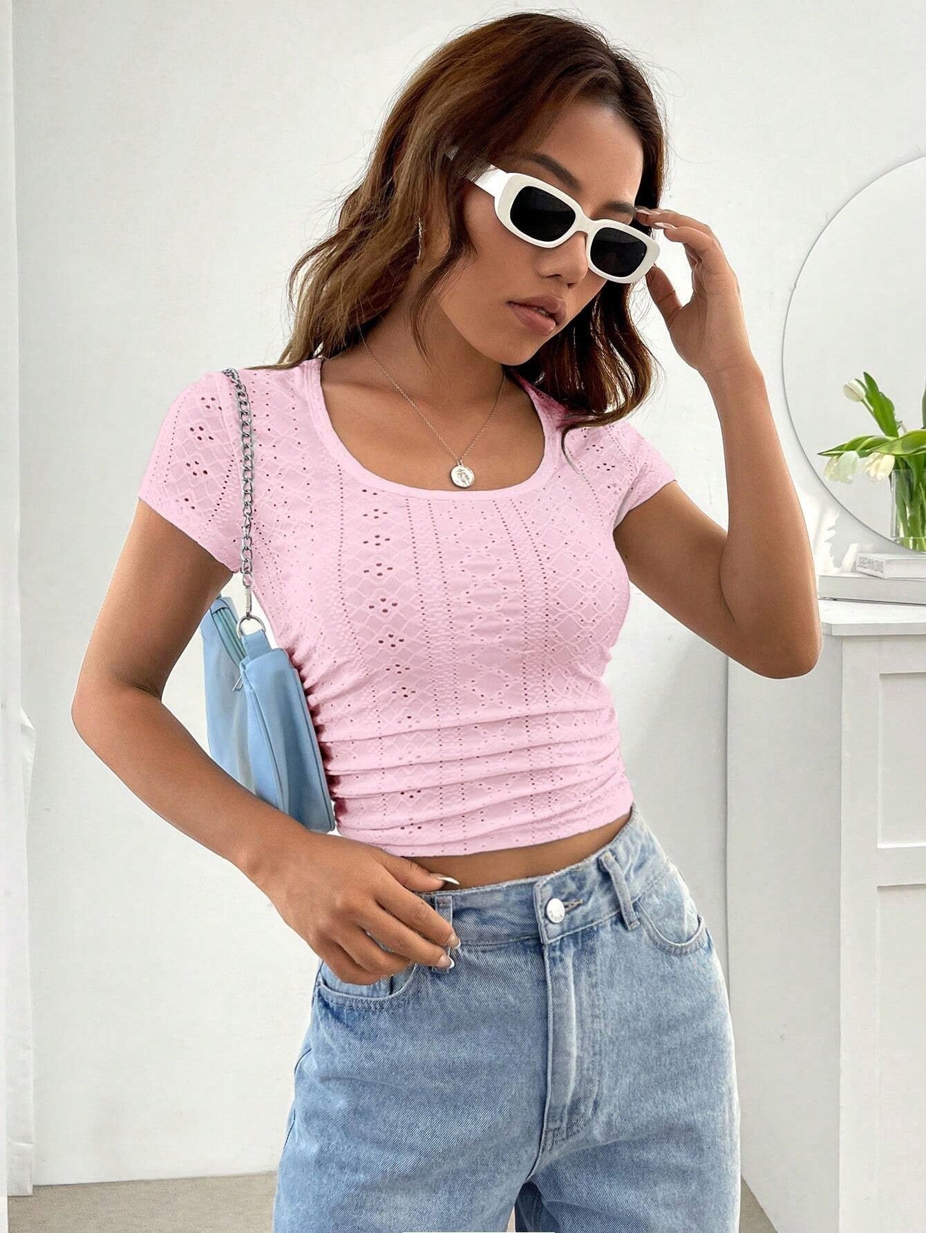 Low Round Neck Eyelet Short Slim T-shirt For Women