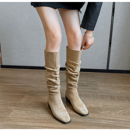 French Mid-calf Thin Western Denim Boots