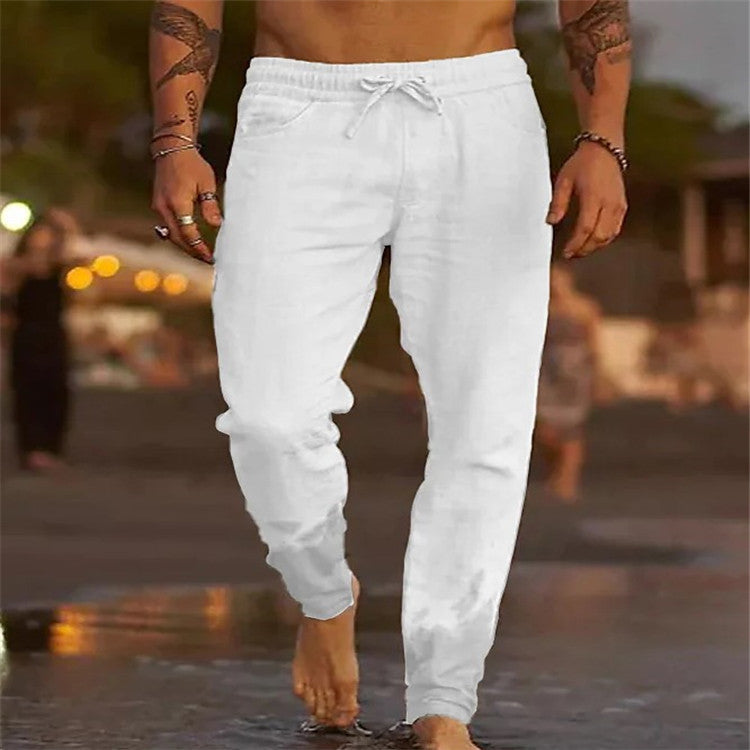 Men's Solid Color Drawstring Cotton Linen Loose Casual Beach Pants - Glamour Gale