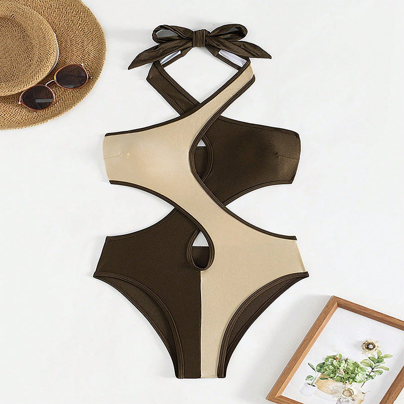 Women's Color Matching Halter Cut-out Jumpsuit Bikini