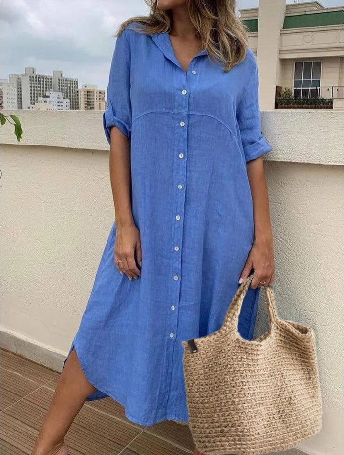 Plus Size Women's Cotton And Linen Shirt Dress