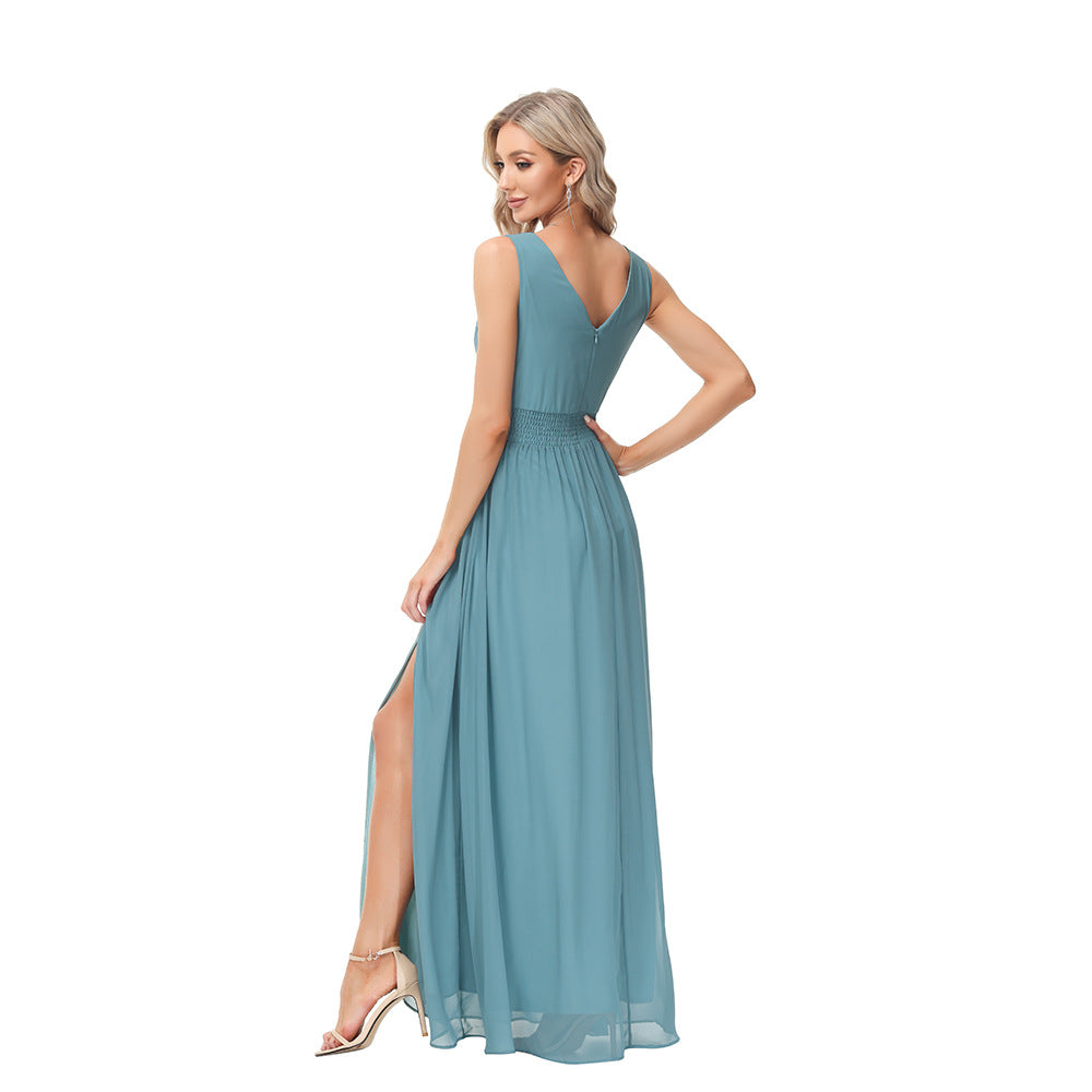 European And American Style Women Chiffon Double V-neck Sleeveless A- Line Evening Dress