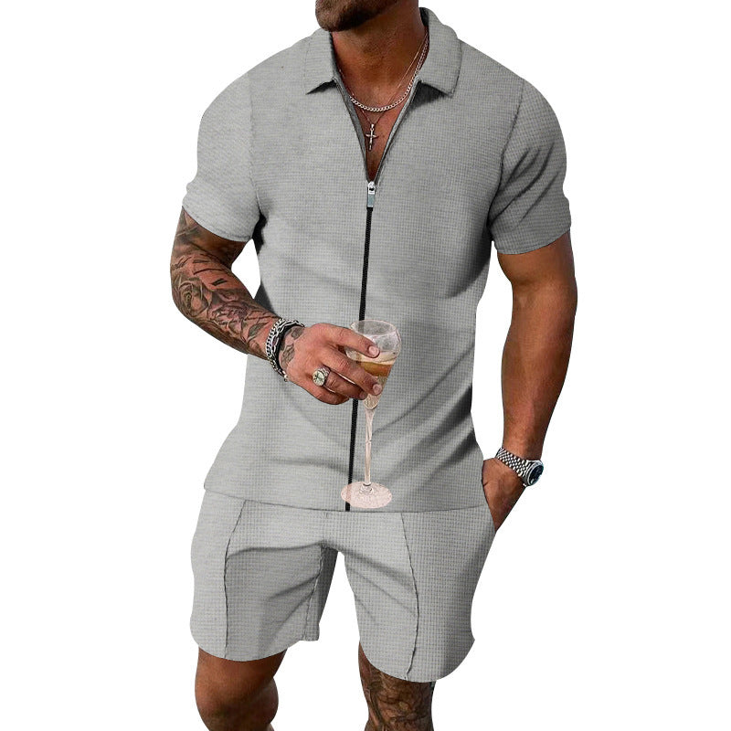 Men's European And American Zipper Short-sleeved Shorts Suit