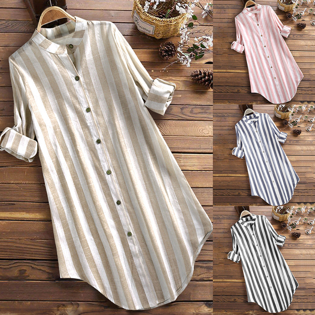 Striped Long Sleeve Shirt Leisure Plus Size