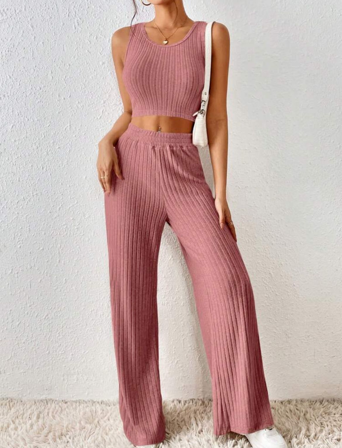 Fashionable Knitted Vest High Waist Trousers Suit