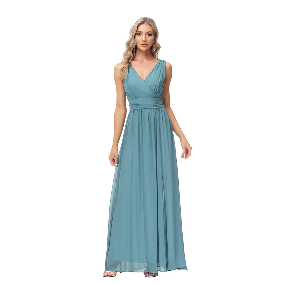 European And American Style Women Chiffon Double V-neck Sleeveless A- Line Evening Dress