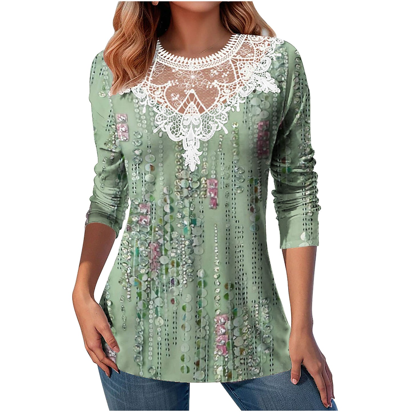 Lace Patchwork Round Neck Top Fashion Casual Printing Loose Long Sleeve Top Women