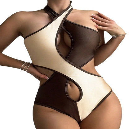 Women's Color Matching Halter Cut-out Jumpsuit Bikini