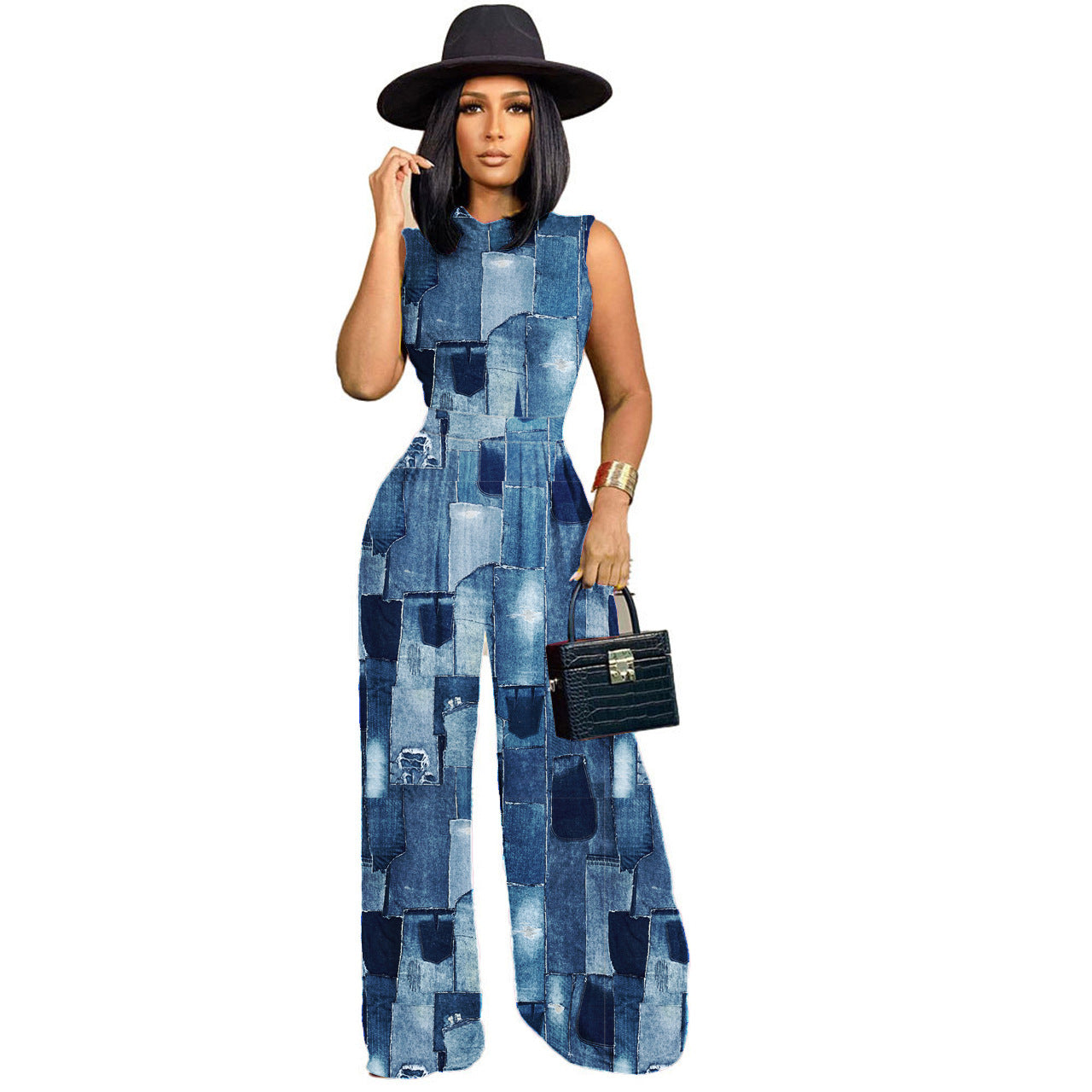 Women's Fashion Pattern Printed Sleeveless Leotard Wide Leg Pants Suit