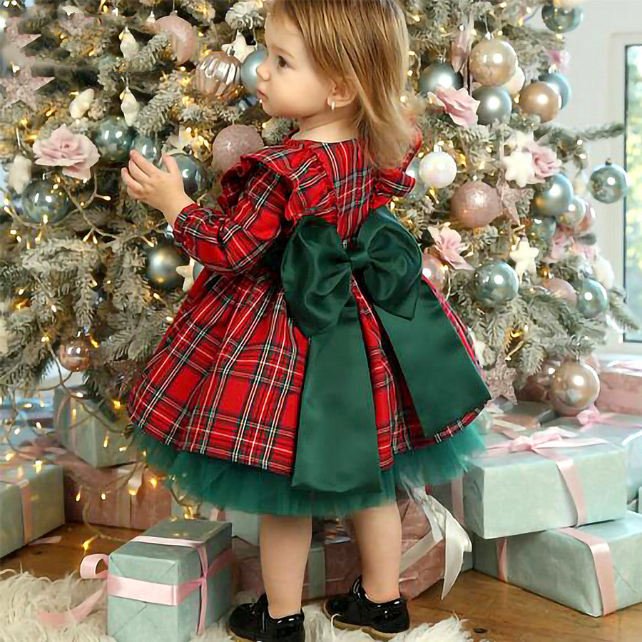 Girls Kids Red Checkered Bow Christmas Dress - Glamour Gale