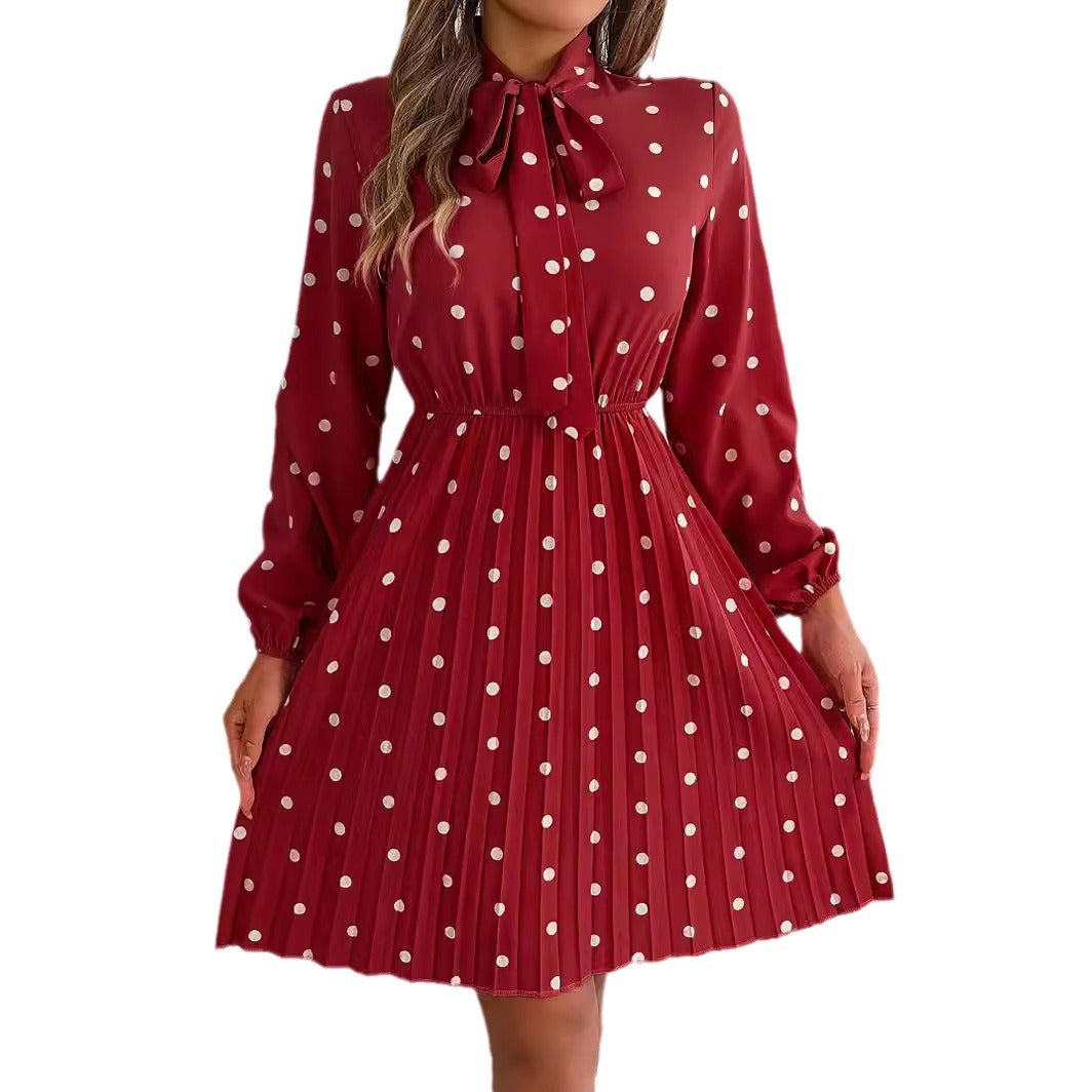 Women's Polka-dot Self-tie Waist-controlled Long Sleeves Pleated Skirt