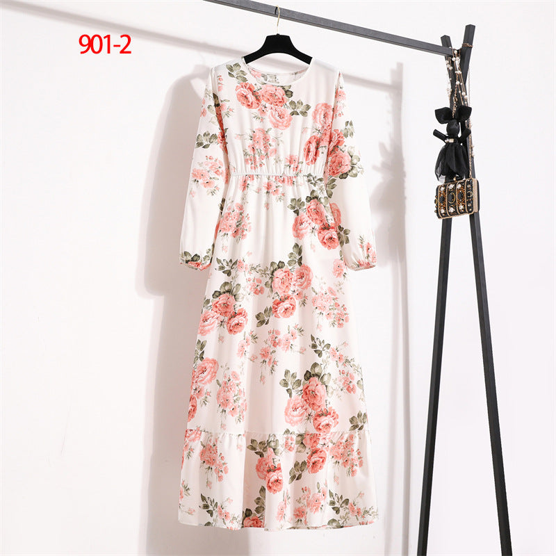 Women's Round Neck Long Sleeve Pullover Floral Dress